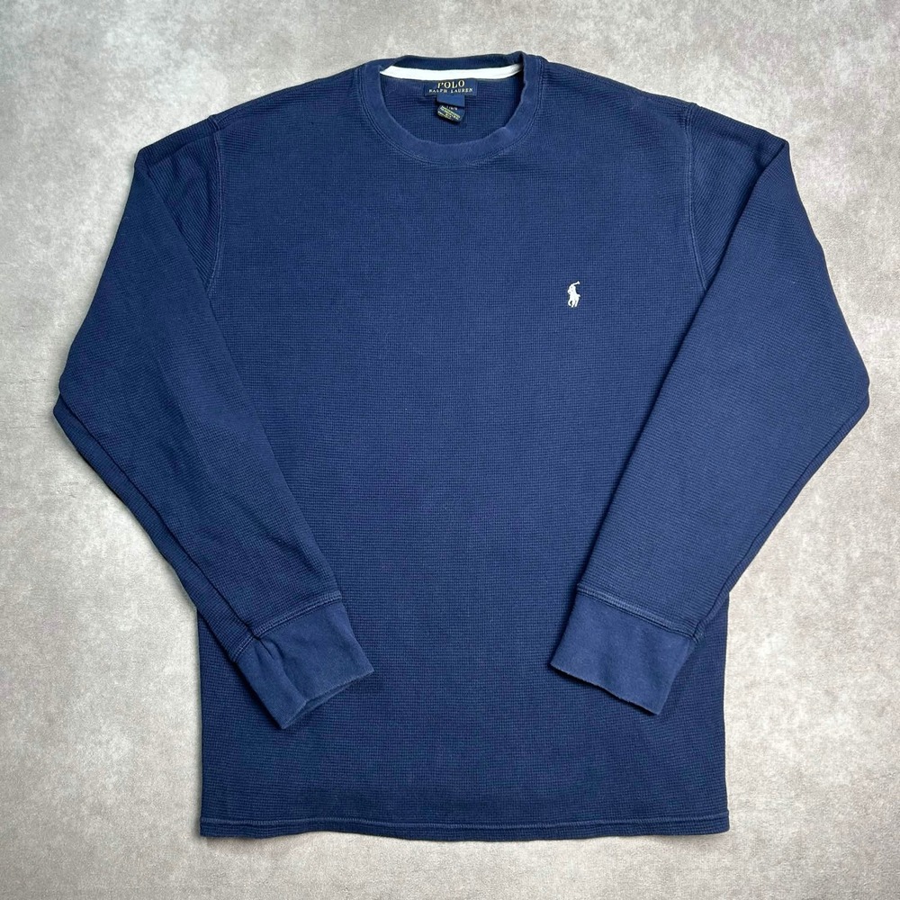 Polo Ralph Lauren Mens Large Navy Blue Waffle Knit Thermal Long Sleeve Shirt